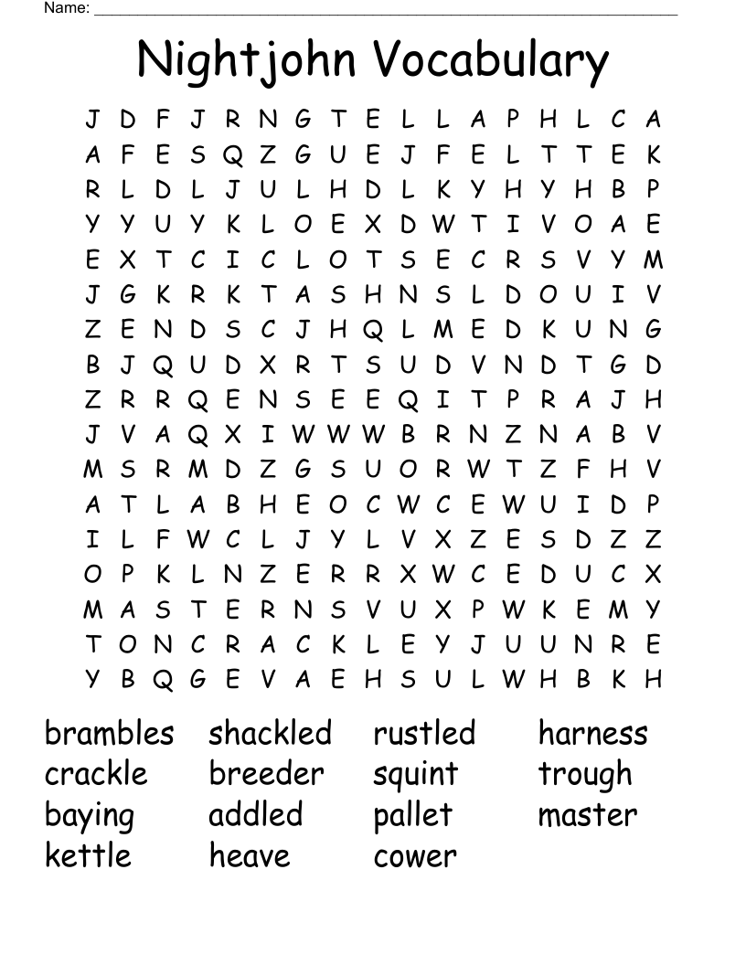Nightjohn Vocabulary Word Search