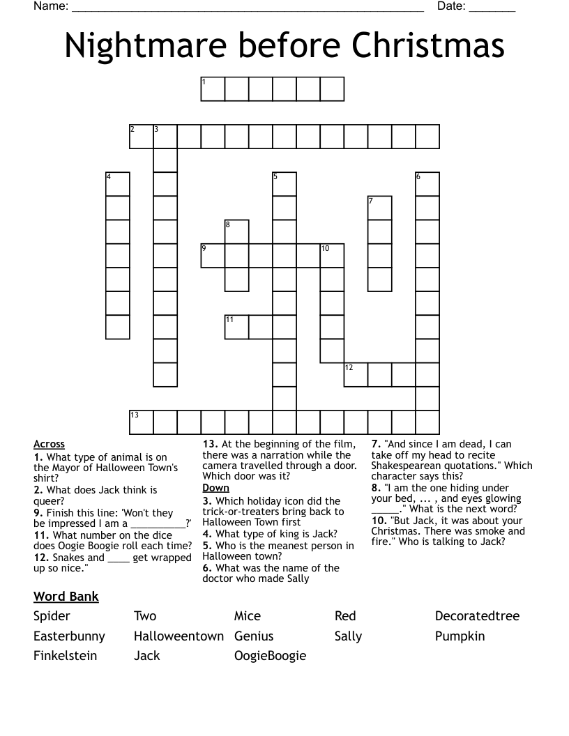Nightmare before Christmas  Crossword