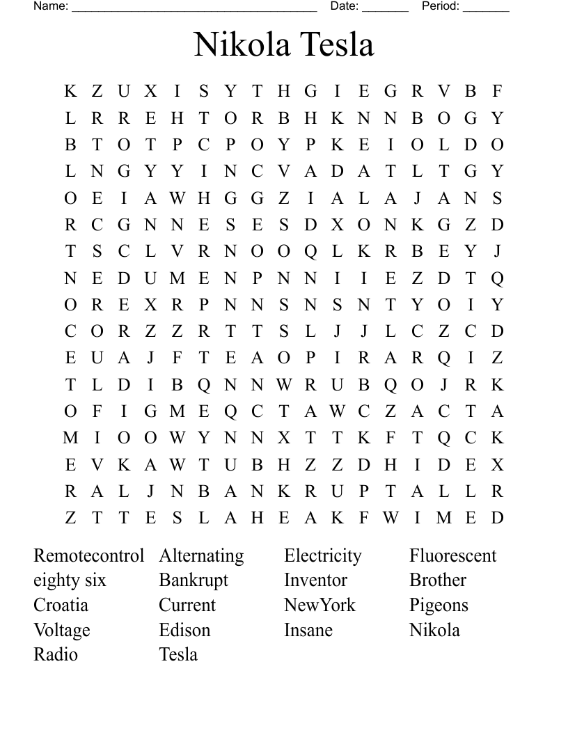 Nikola Tesla Word Search