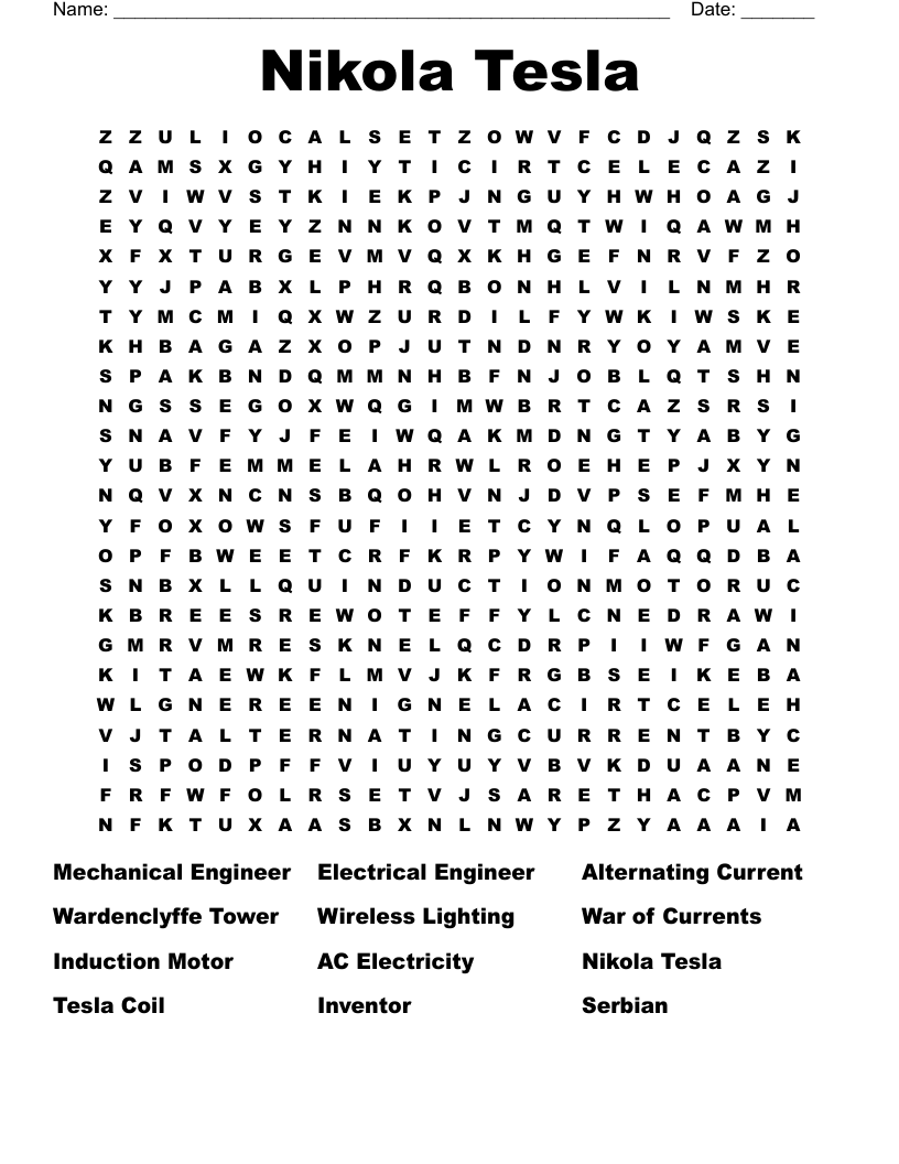 Nikola Tesla Word Search