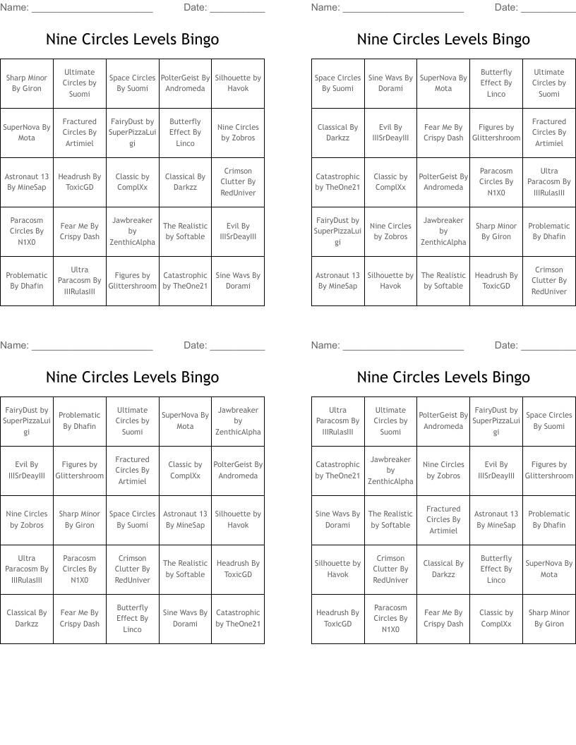 Nine Circles Levels Bingo