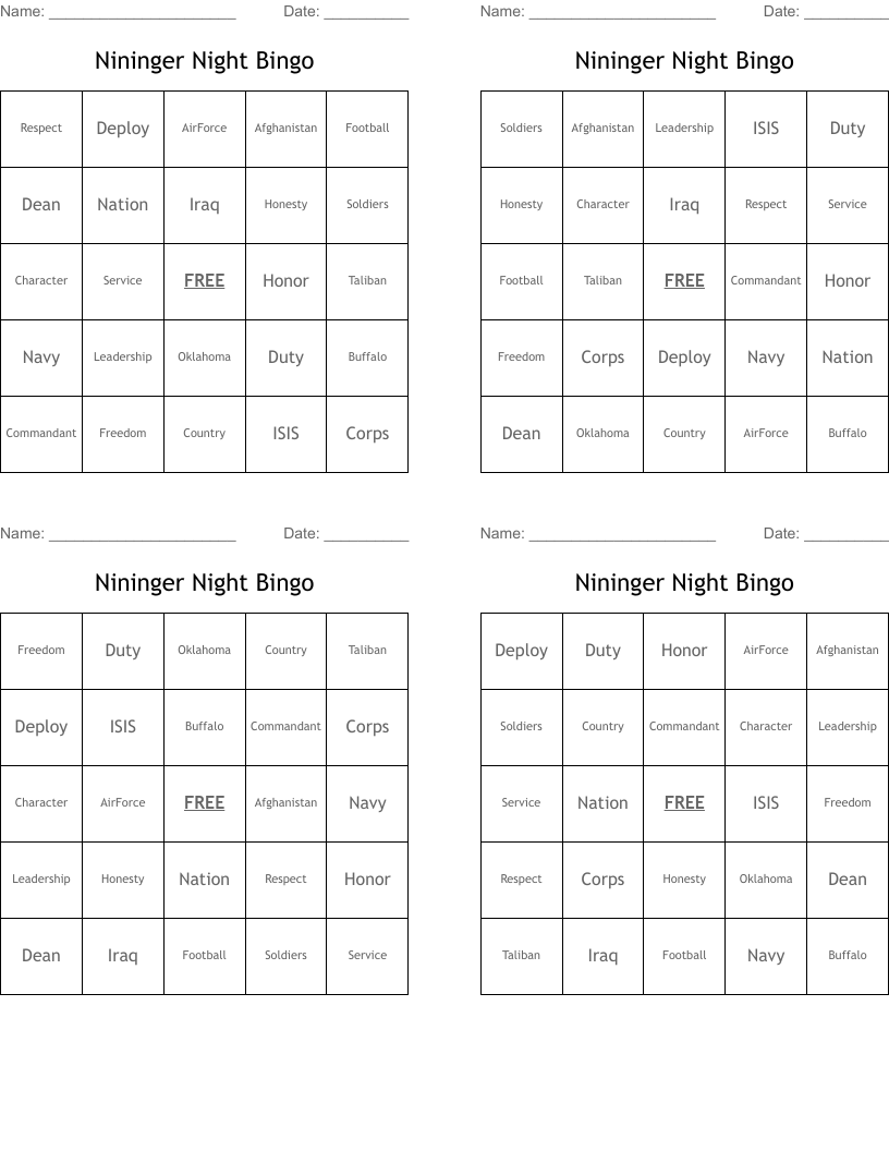 Nininger Night Bingo