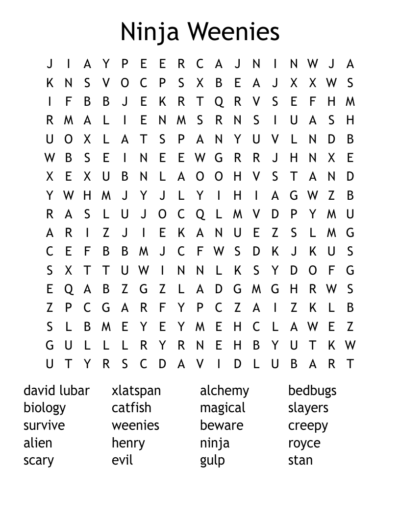 Ninja Weenies Word Search