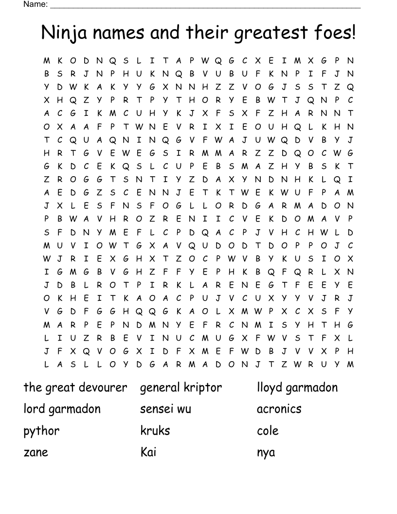 Ninja names and their greatest foes! Word Search