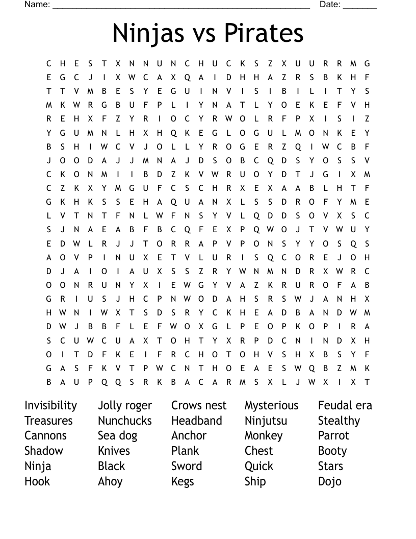 Ninjas vs Pirates Word Search