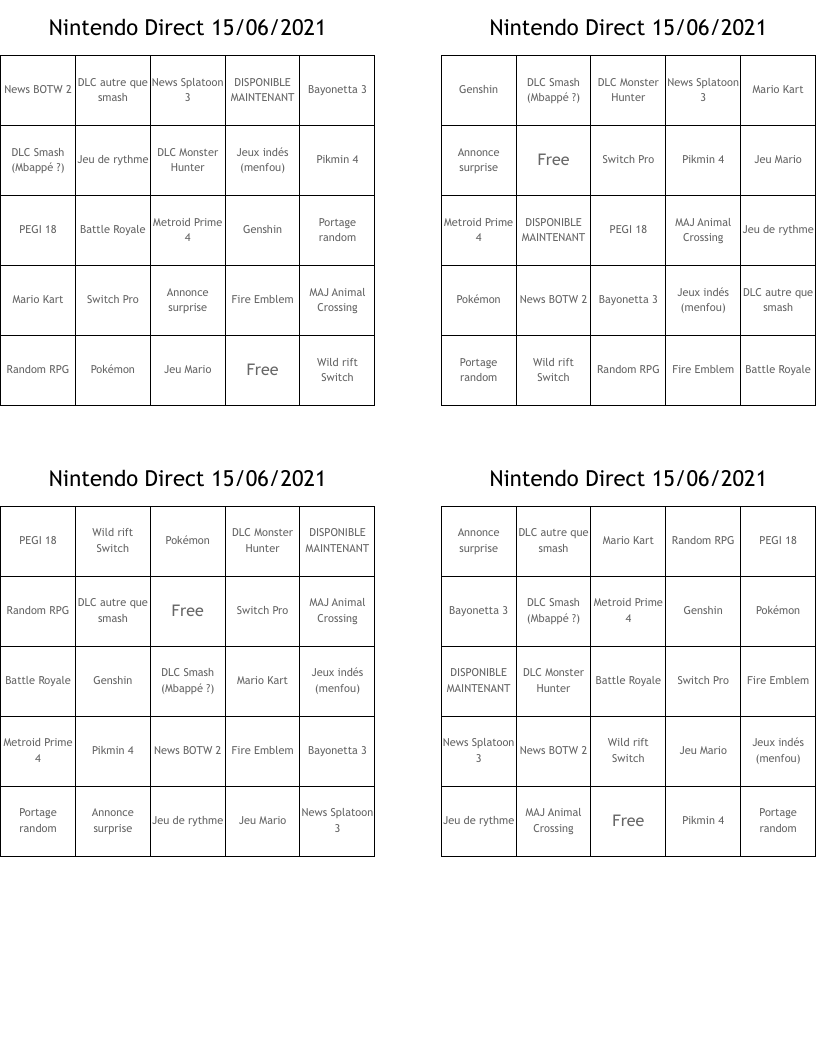 Nintendo Direct 15/06/2021 Bingo Cards