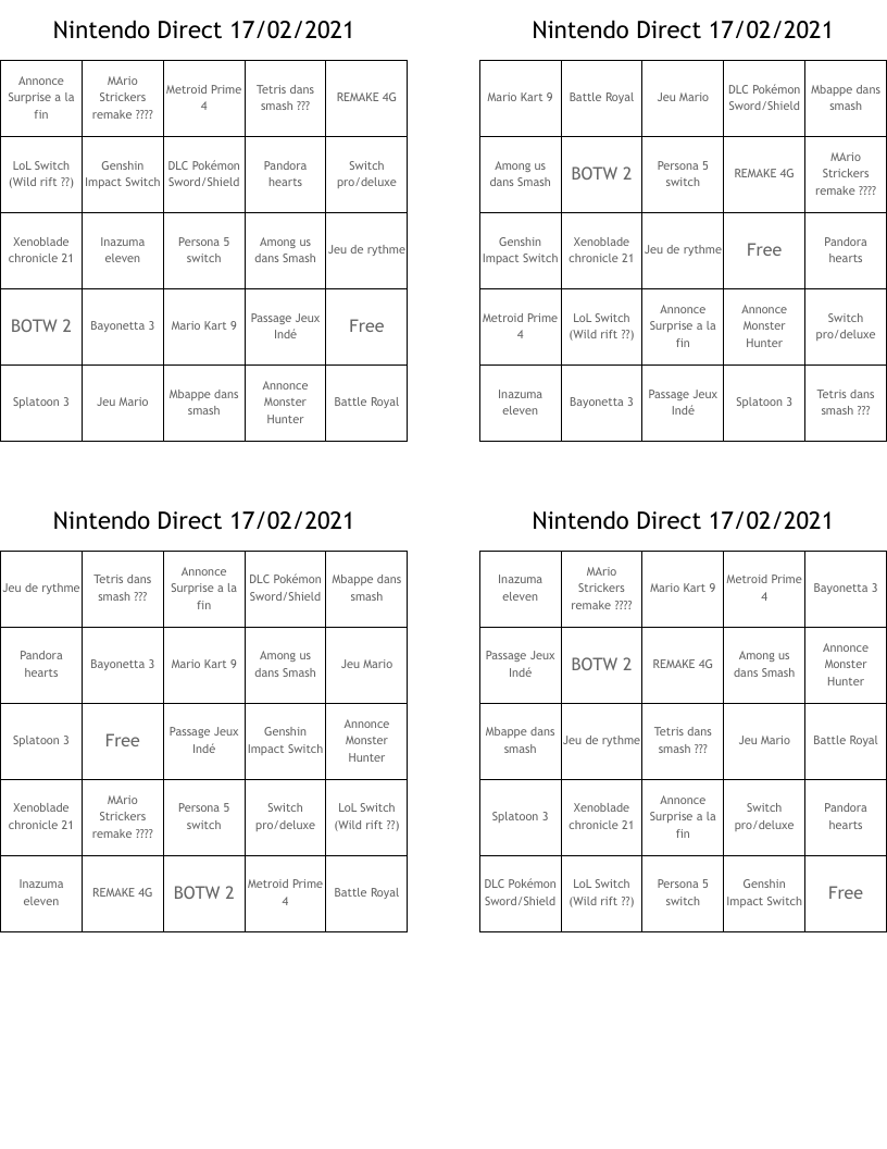 Nintendo Direct 17/02/2021 Bingo Cards