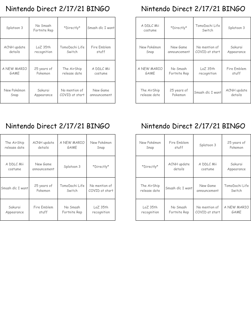 Nintendo Direct 2/17/21 BINGO