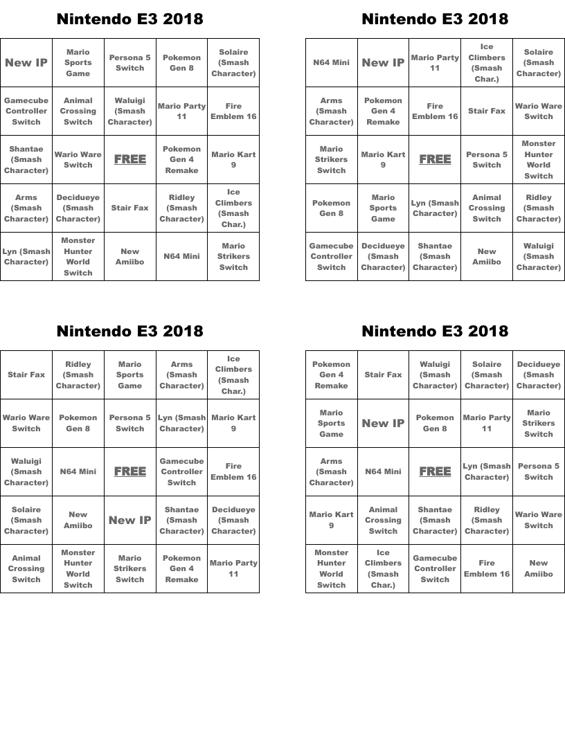 Nintendo E3 2018 Bingo Cards