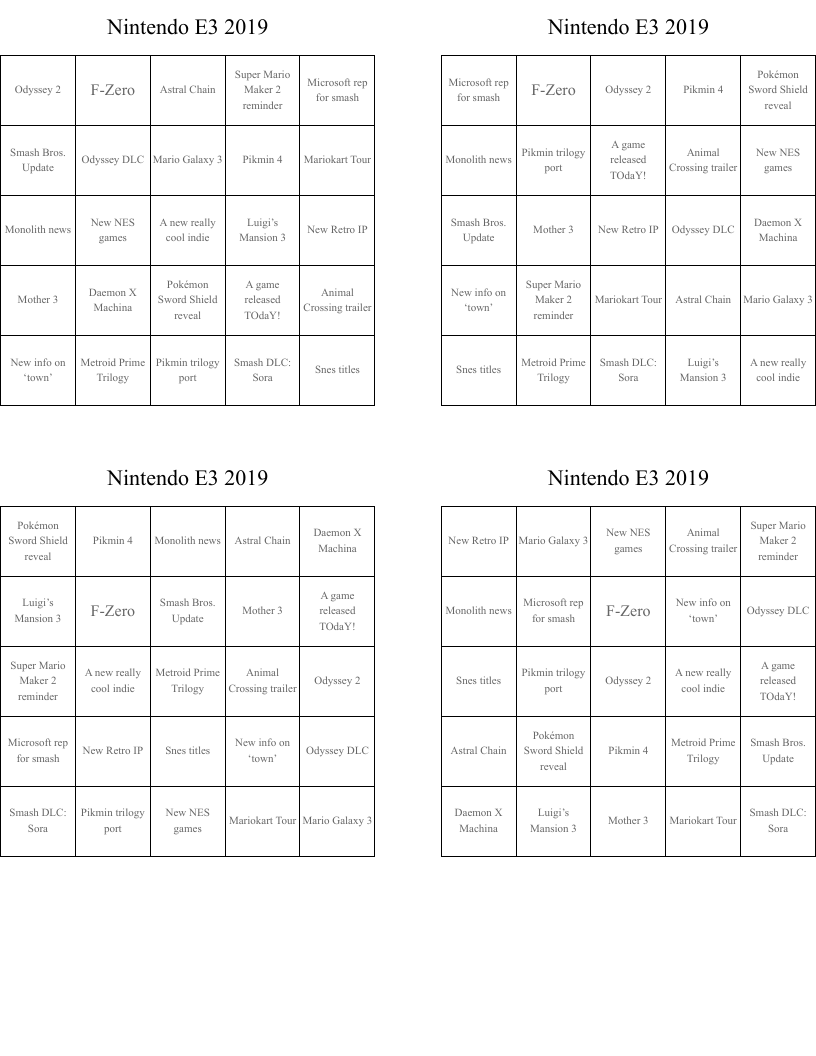 Nintendo E3 2019 Bingo Cards