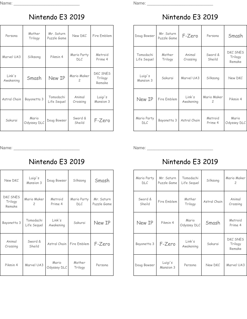 Nintendo E3 2019 Bingo Cards