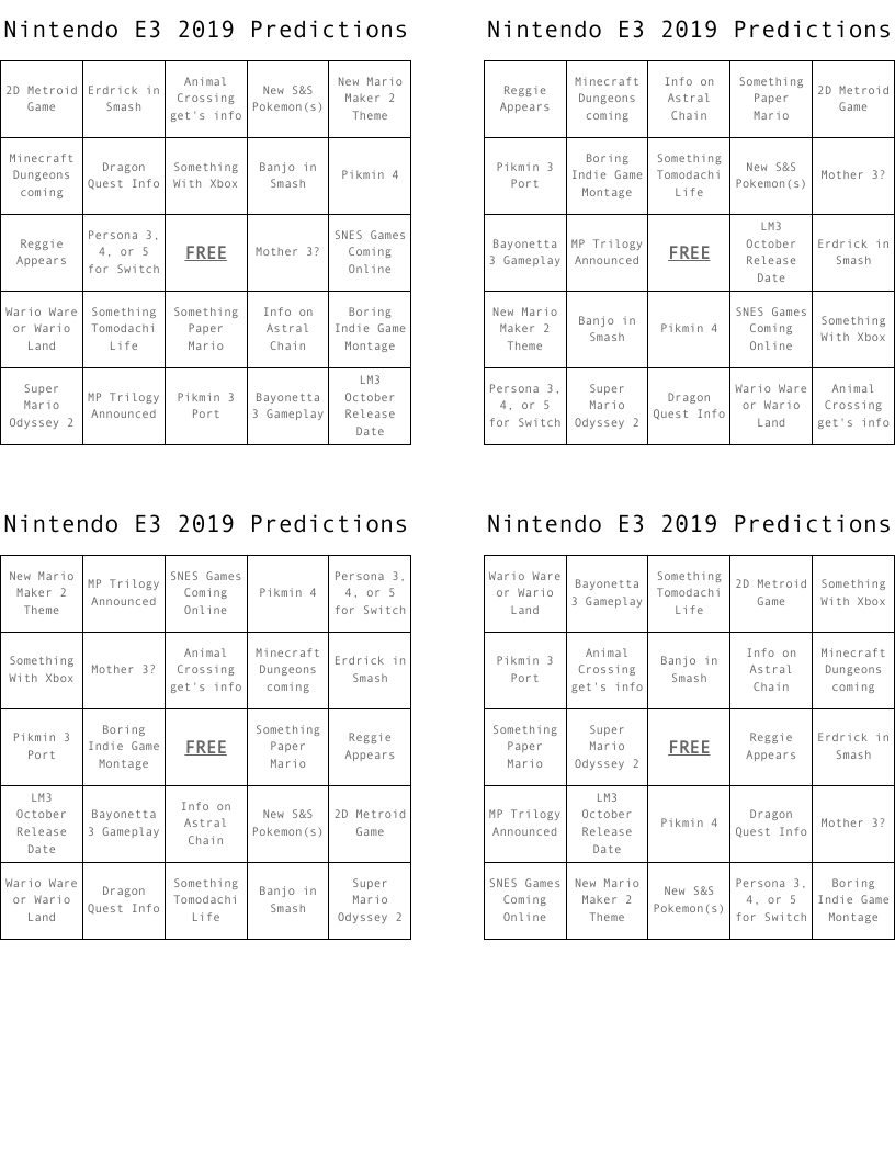 Nintendo E3 2019 Predictions Bingo Cards