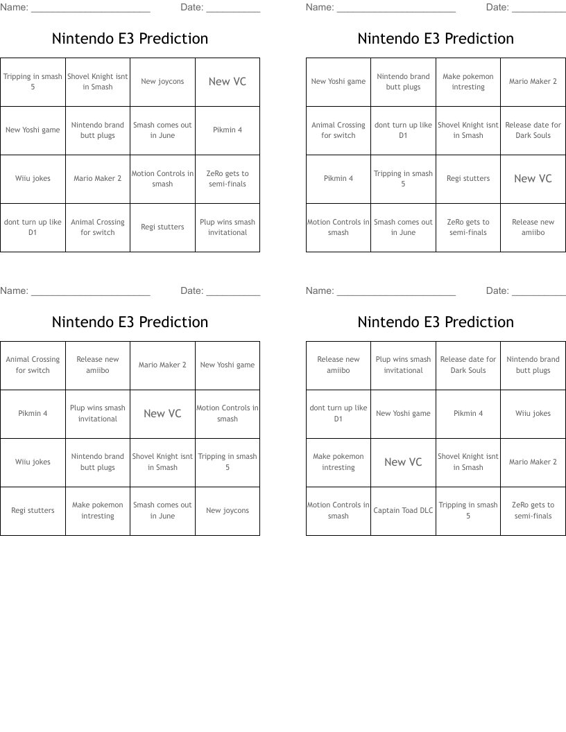 Nintendo E3 Prediction Bingo Cards