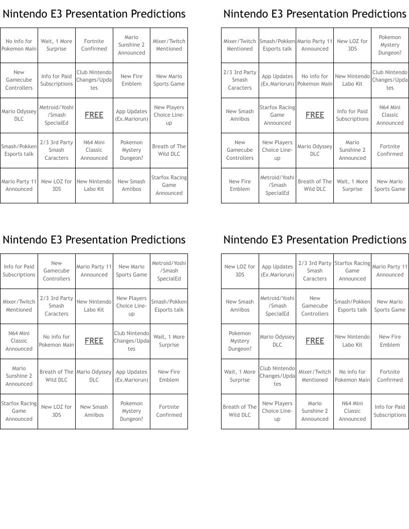 Nintendo E3 Presentation Predictions Bingo Cards
