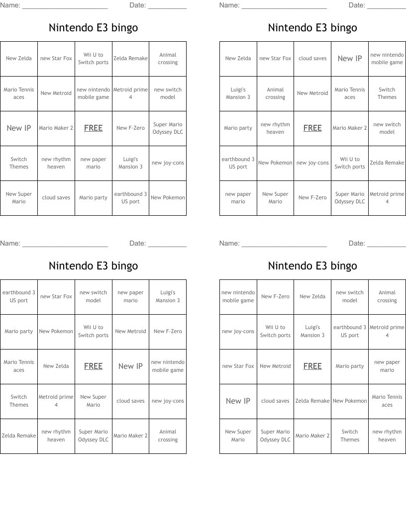 Nintendo E3 bingo