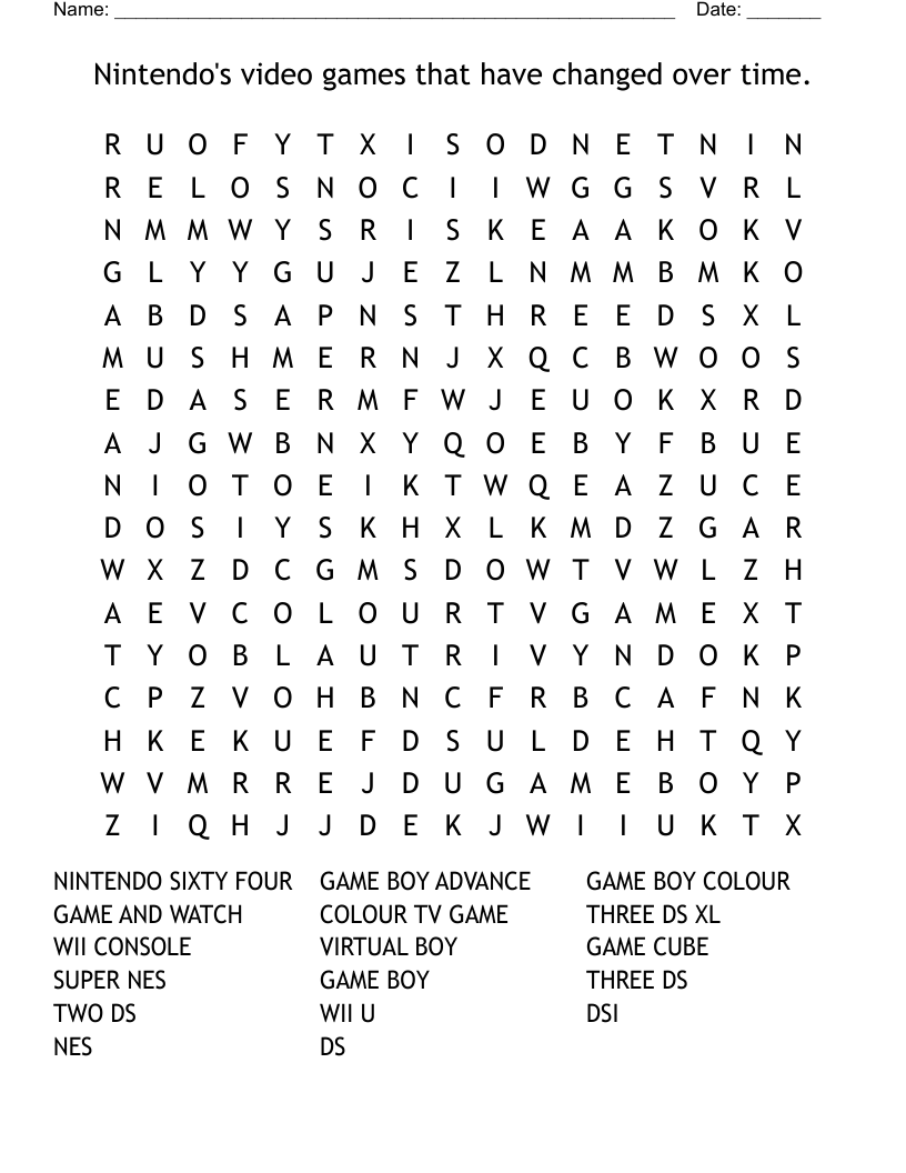 Nintendo's video games that have changed over time. Word Search