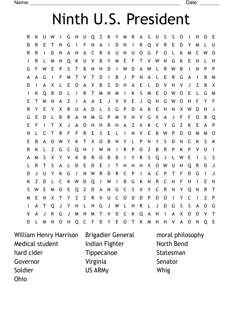 Ninth U.S. President Word Search