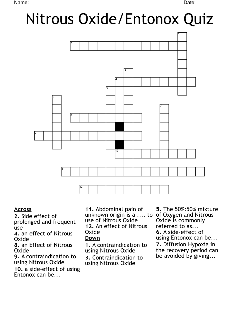 Nitrous Oxide/Entonox Quiz Crossword