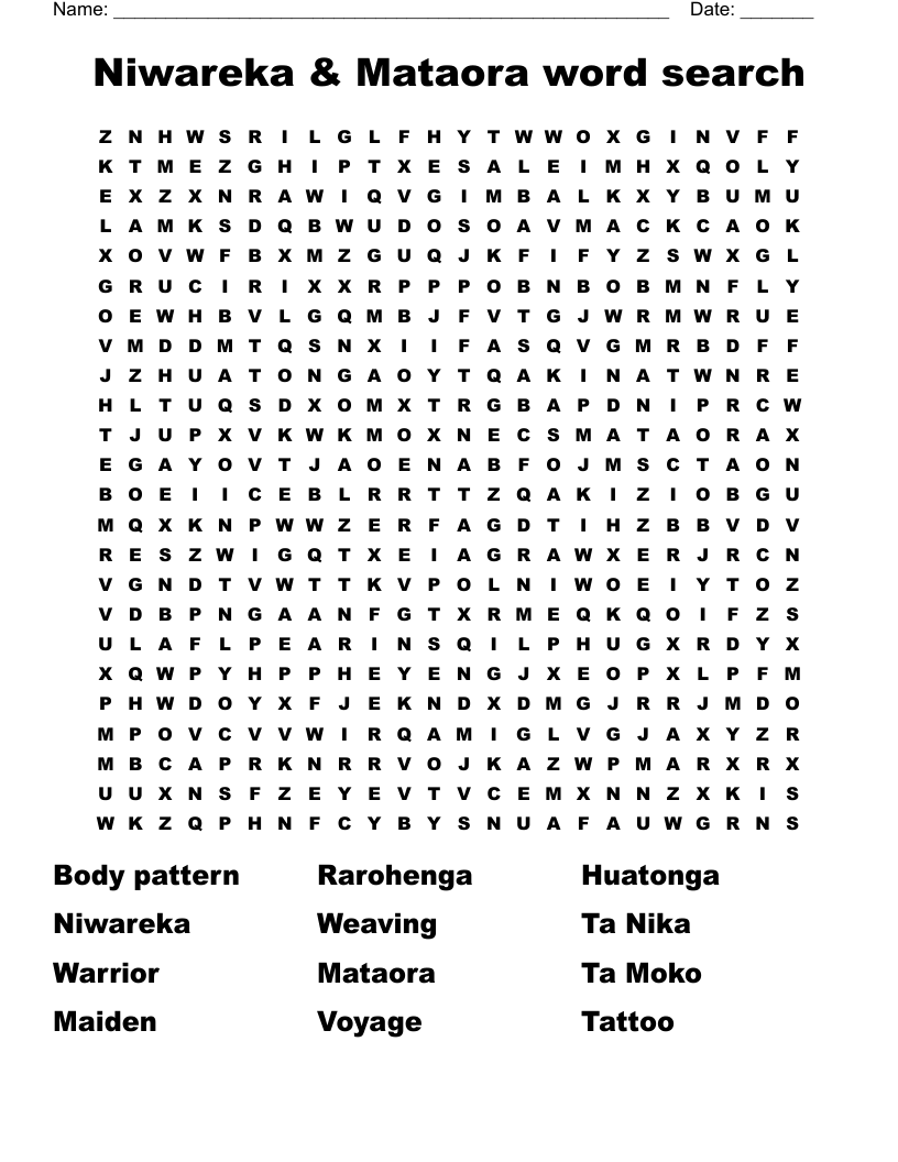 Niwareka & Mataora word search