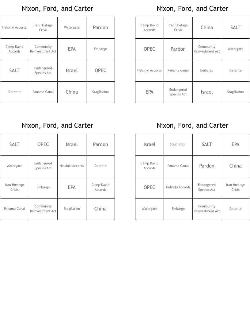 Nixon, Ford, and Carter Bingo Cards