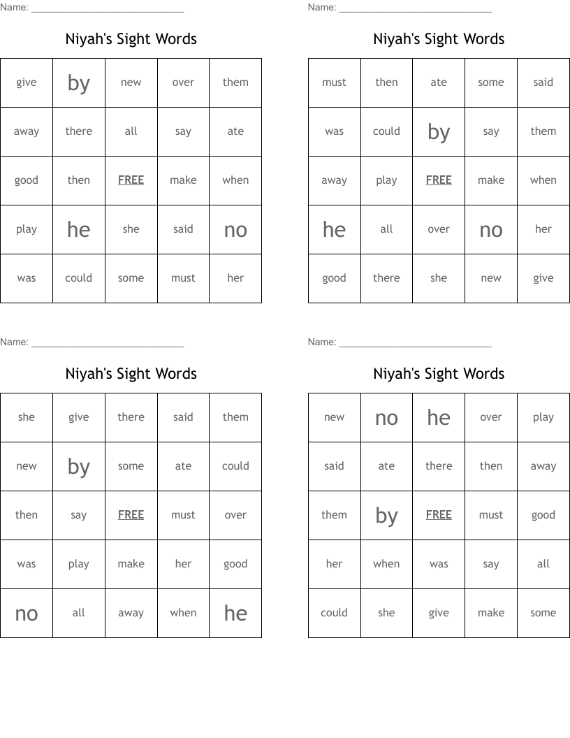 Niyah's Sight Words  Bingo Cards