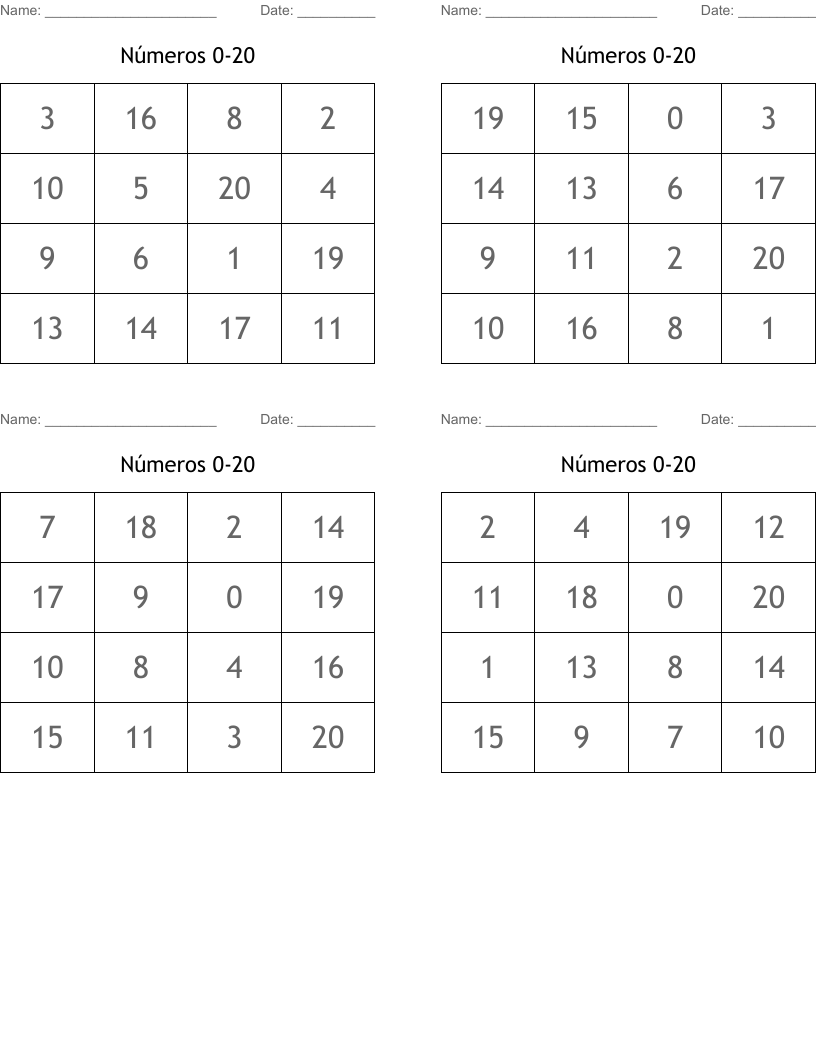 Números 0-20 Bingo Cards