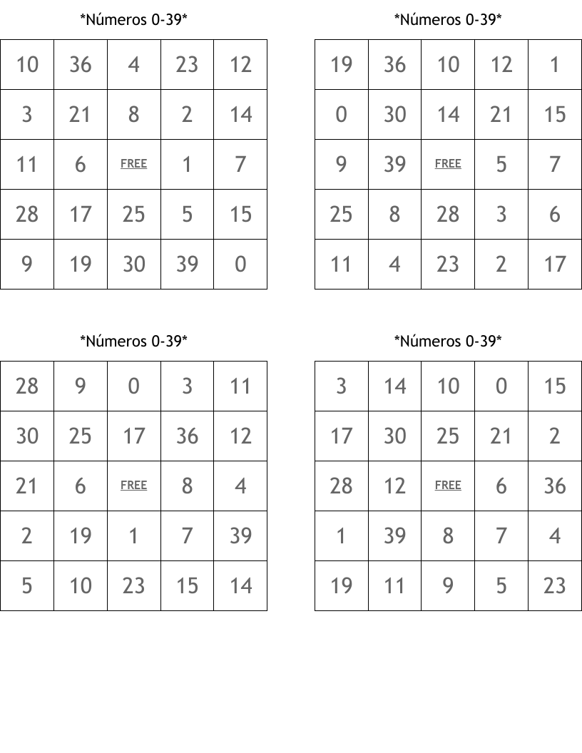 *Números 0-39* Bingo Cards