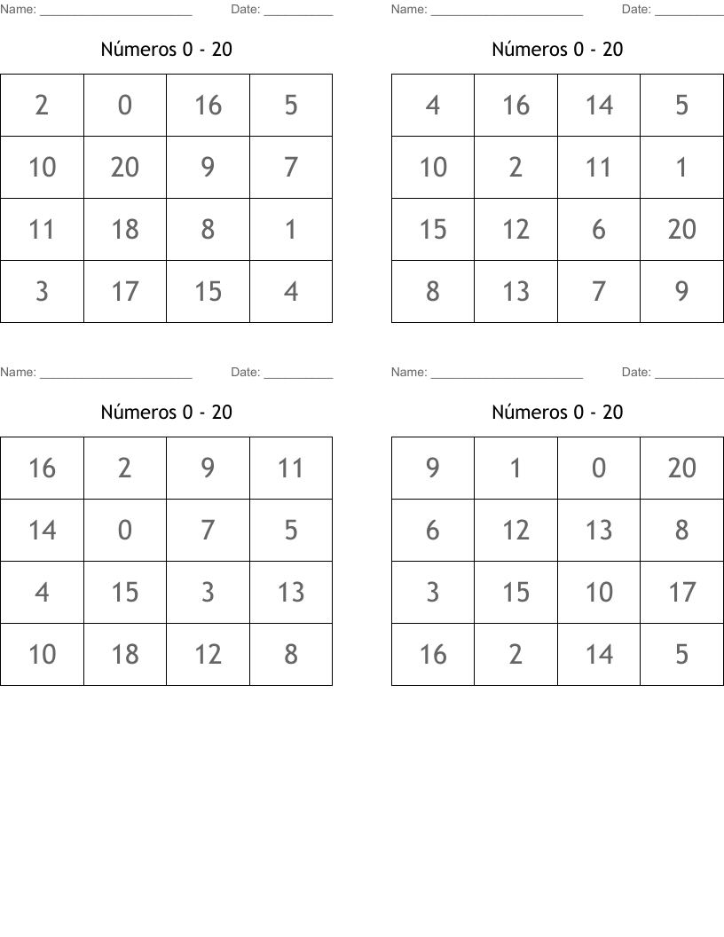 Números 0 - 20 Bingo Cards