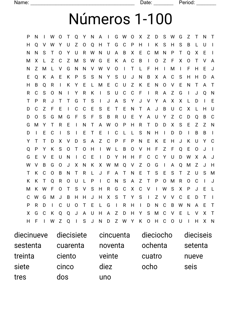 Números 1-100 Word Search