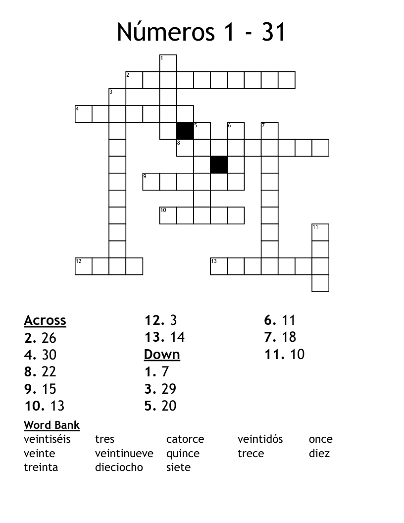 Números 1 - 31 Crossword
