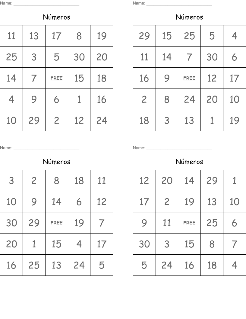 Números Bingo Cards