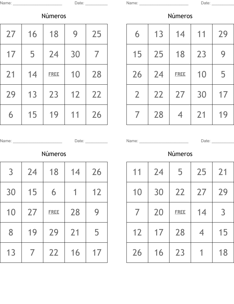 Números Bingo Cards