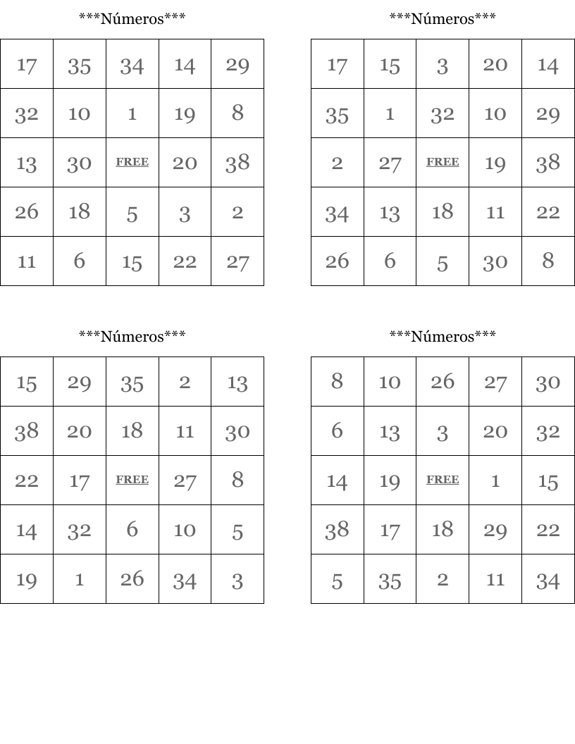 ***Números*** Bingo Cards