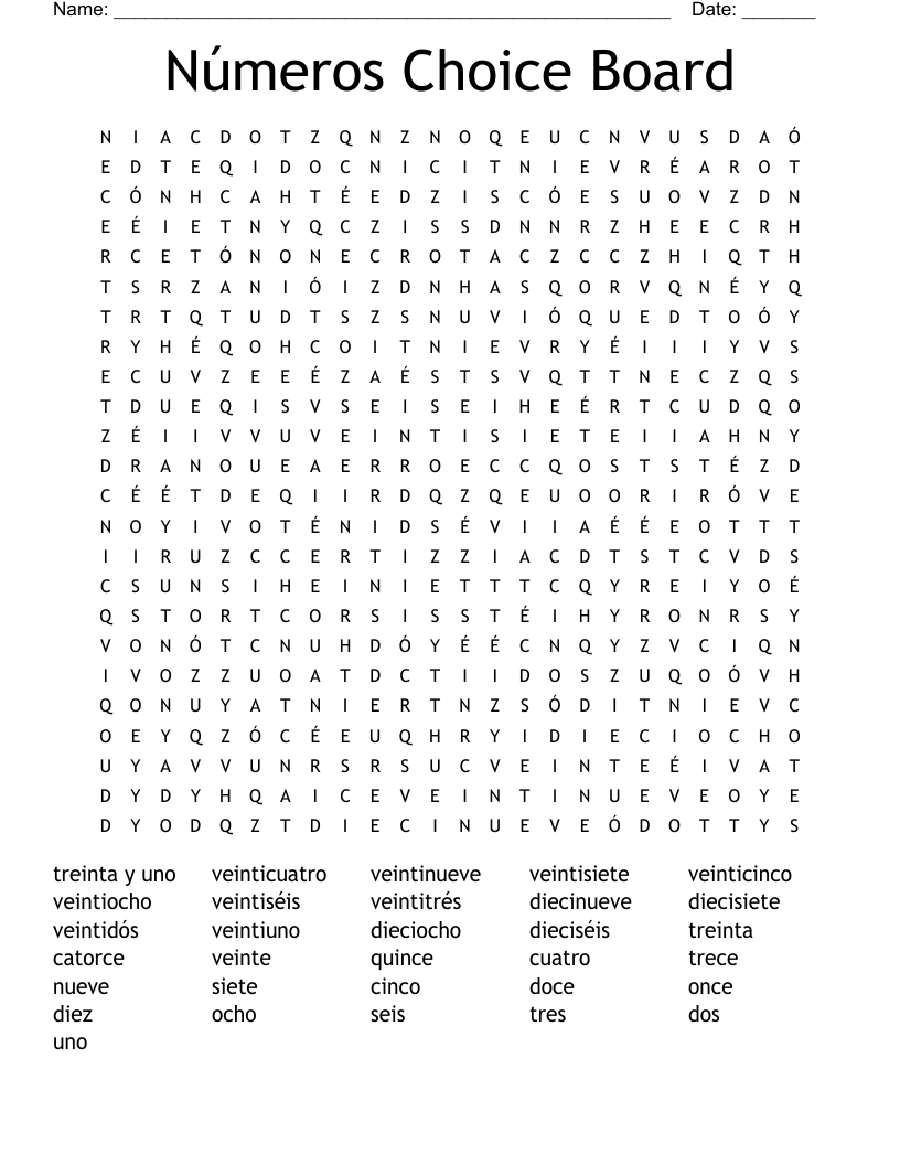 Números Choice Board  Word Search