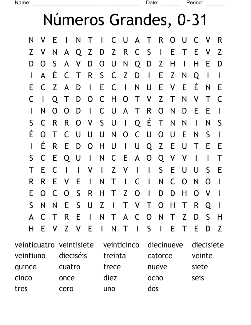 Números Grandes, 0-31 Word Search