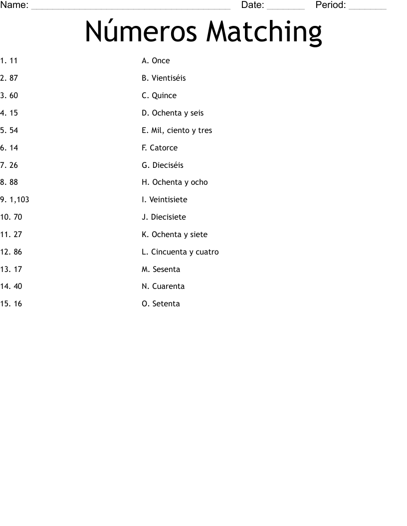 Números Matching  Worksheet