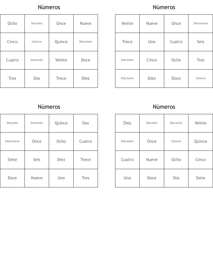 Números  Bingo Cards