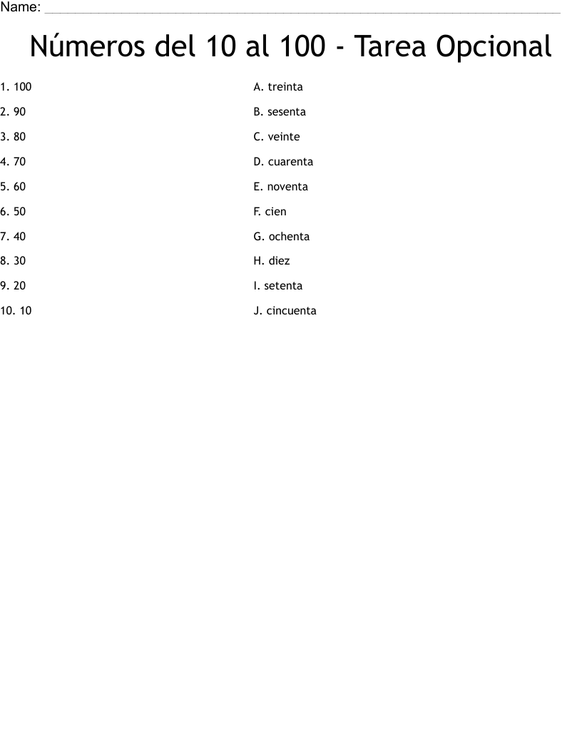 Números del 10 al 100 - Tarea Opcional Worksheet