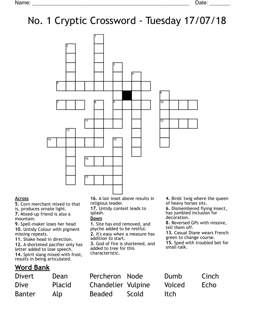 No. 1 Cryptic Crossword  - Tuesday 17/07/18