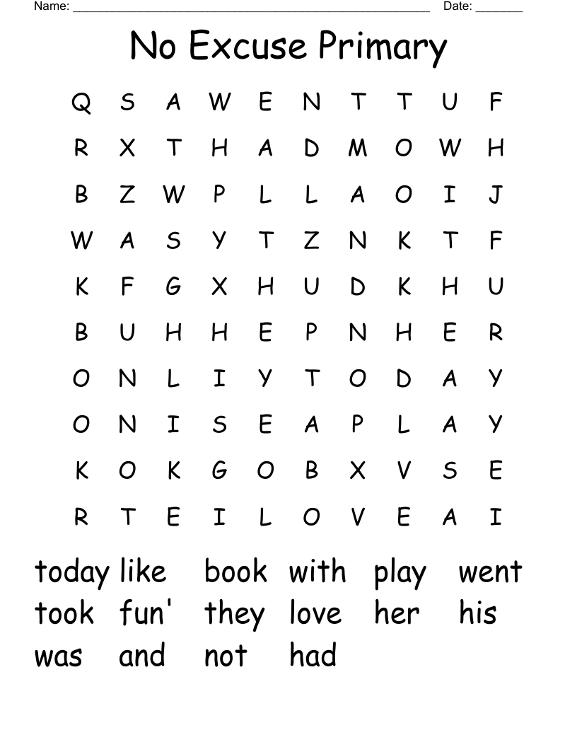 No Excuse Primary Word Search