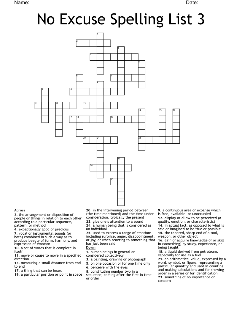 No Excuse Spelling List 3 Crossword