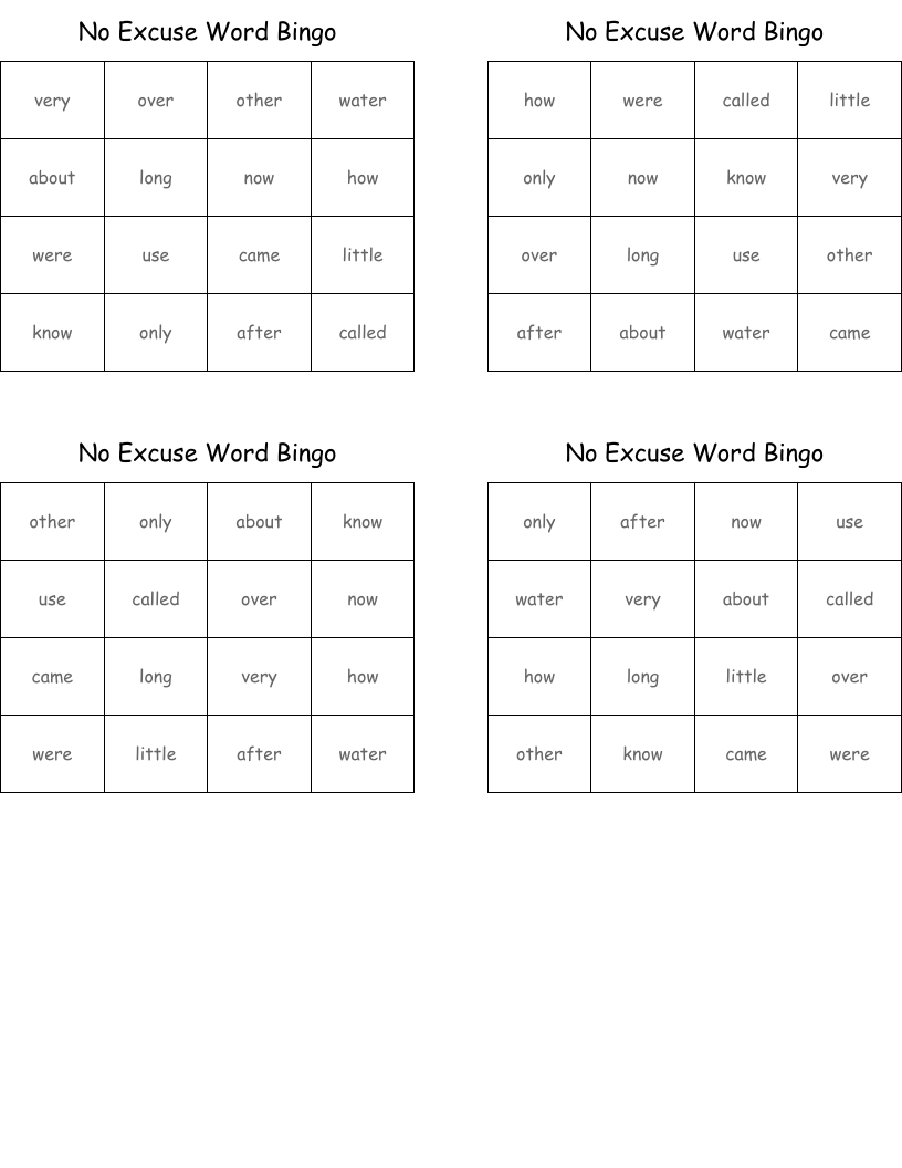 No Excuse Word Bingo