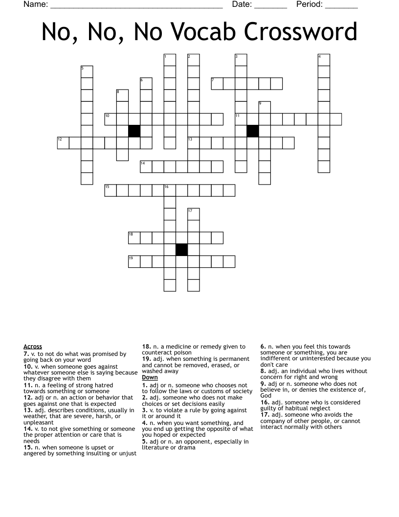 No, No, No Vocab Crossword