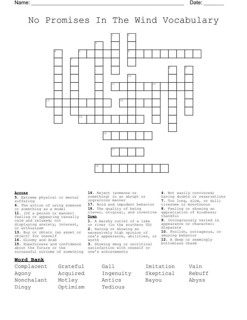 No Promises In The Wind Vocabulary  Crossword