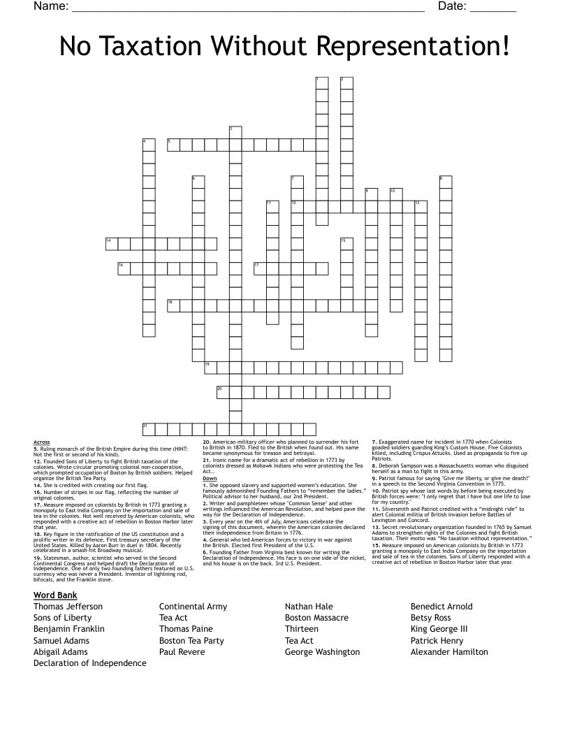 No Taxation Without Representation! Crossword