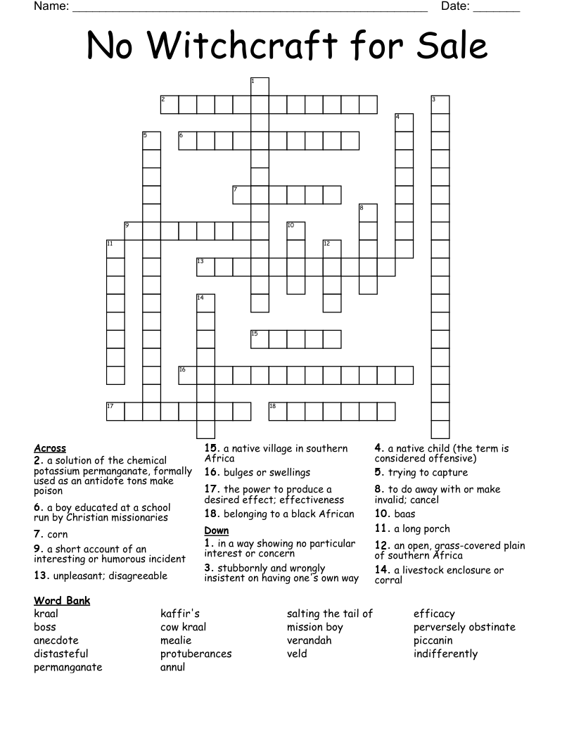 No Witchcraft for Sale Crossword