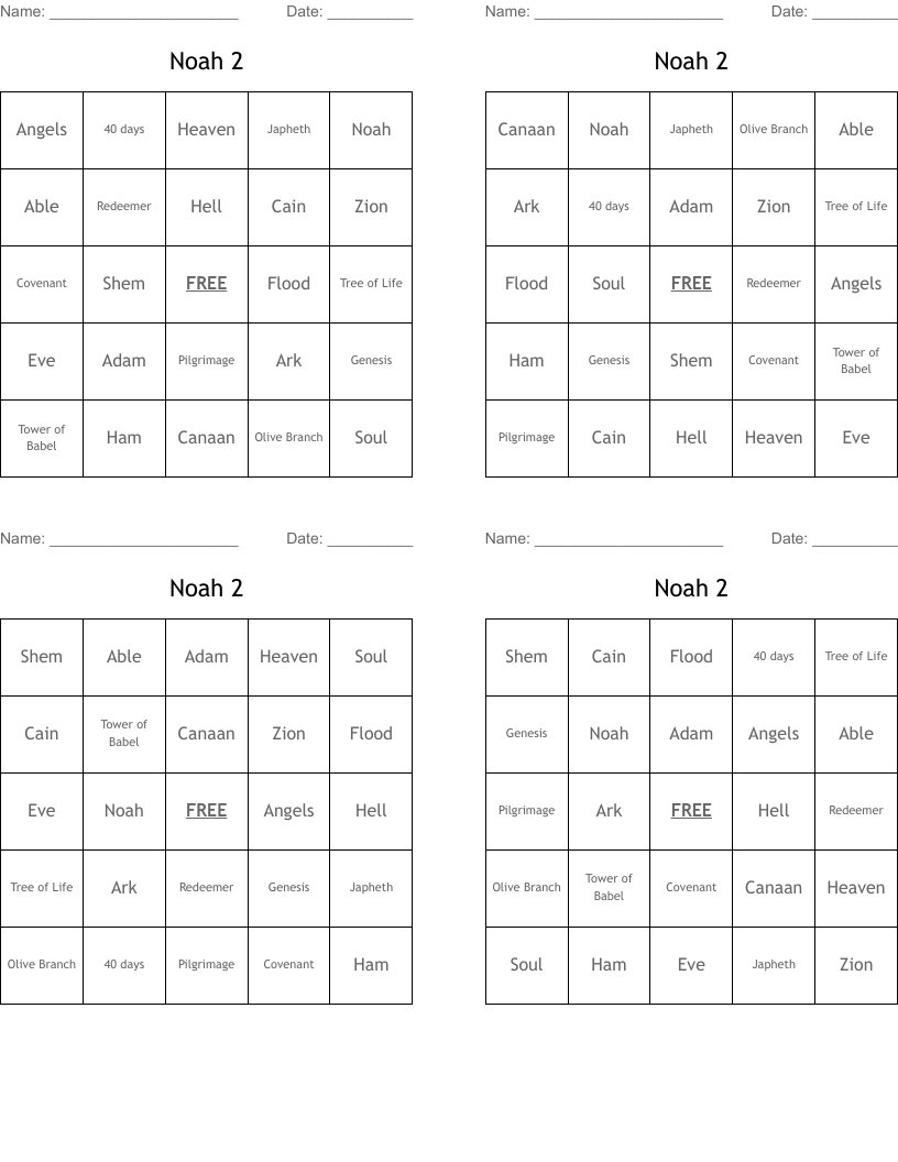 Noah 2 Bingo Cards