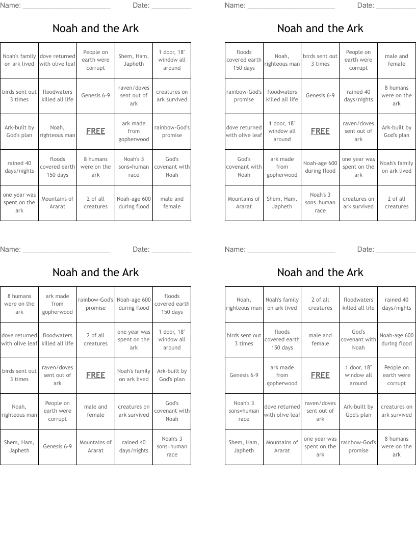 Noah and the Ark Bingo Cards