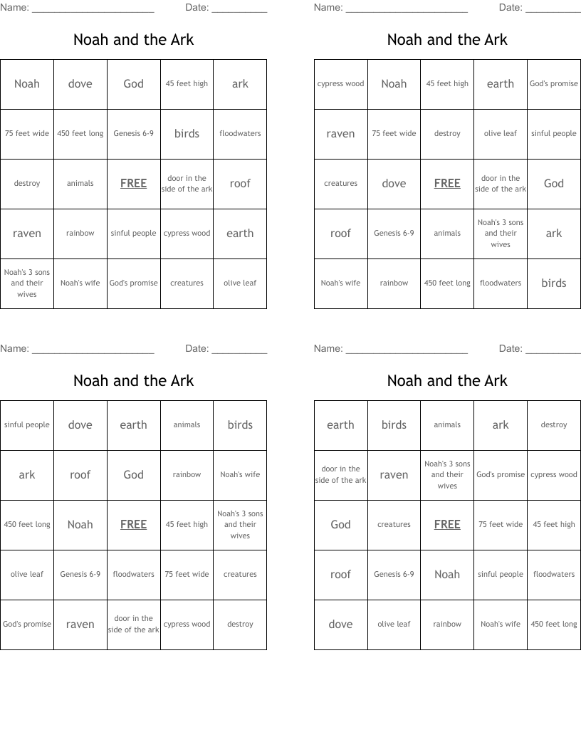 Noah and the Ark Bingo Cards