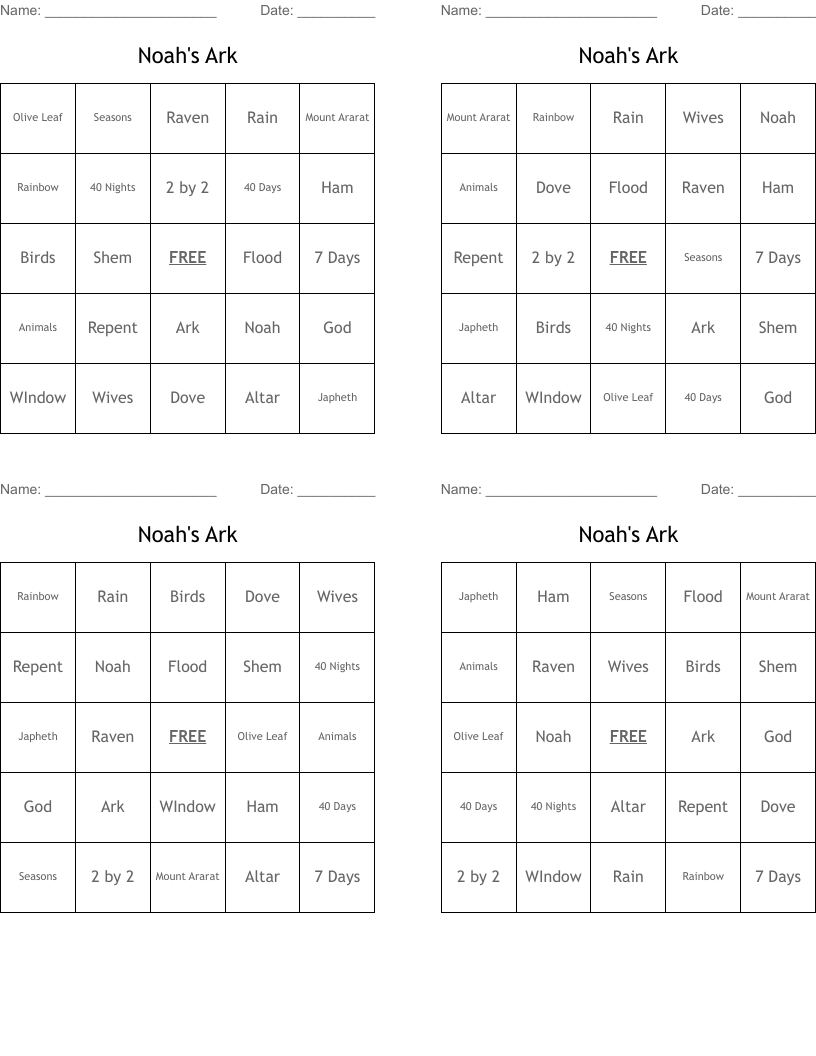 Noah's Ark Bingo Cards